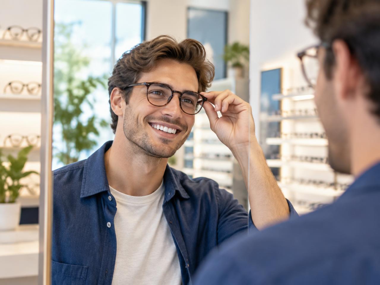Joven probándose lentes en una óptica