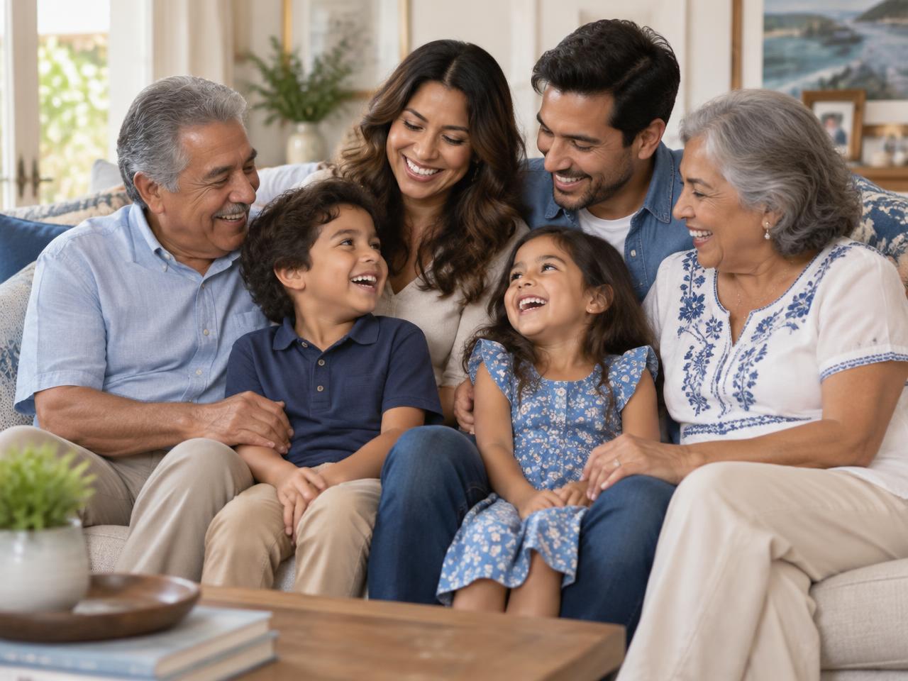 Familia de varias generaciones sentada en un sofá