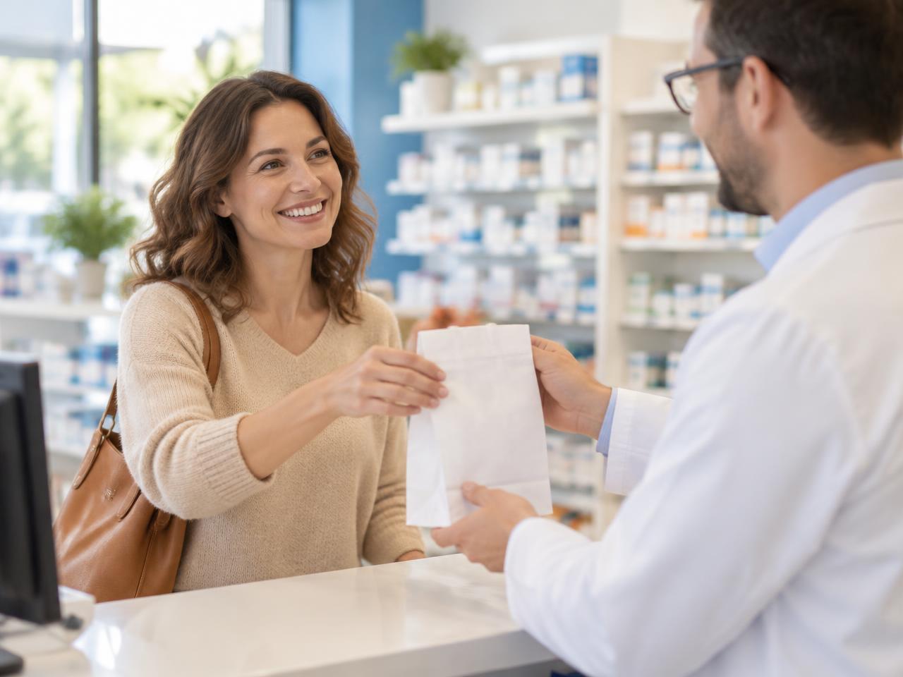 Mujer recibiendo sus medicamentos en una farmacia