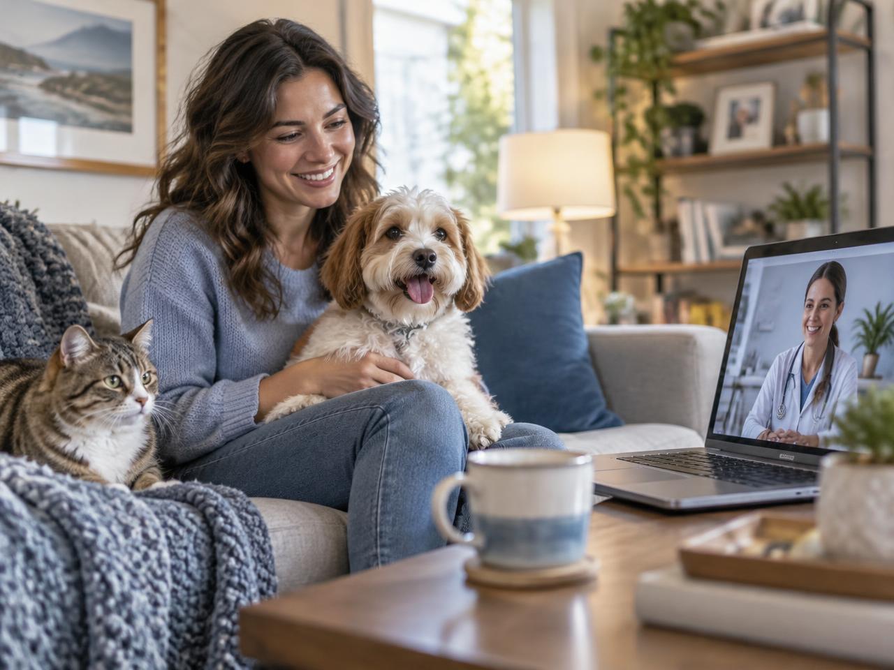 Mujer con su perro y su gato frente a una laptop